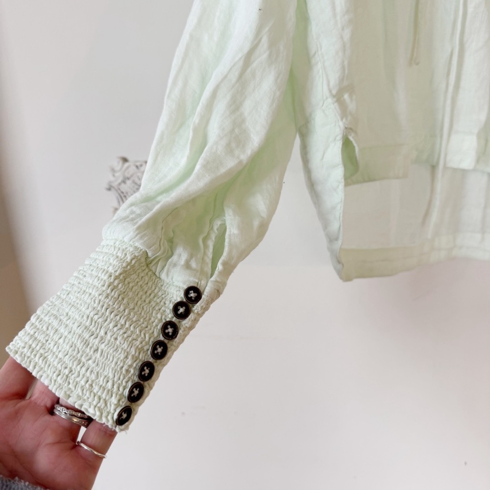 by Anthropologie Mint Green Floral Embroidered Linen Peasant Blouse M - Picture 9 of 11